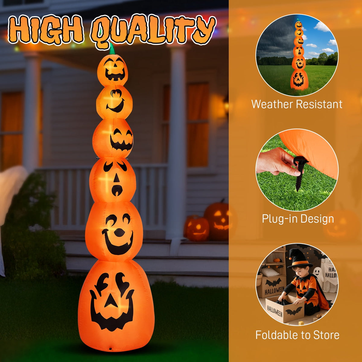 8FT Long Halloween Inflatables Pumpkins Eyeball Candy Outdoor Decorations, Blow Up Yard Decoration with Built-in LEDs Lighted for Lawn Garden Outside Indoor Decor