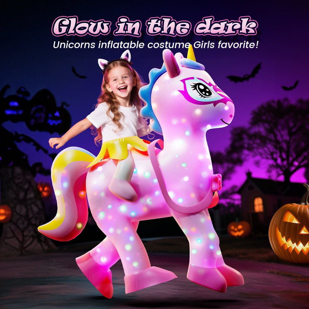 Wonderstone Kids Inflatable Costume, Riding-on Unicorns Blow-up Costume with LED Lights, Funny Halloween and Thanksgiving Party Costume for Girls Aged 6–10