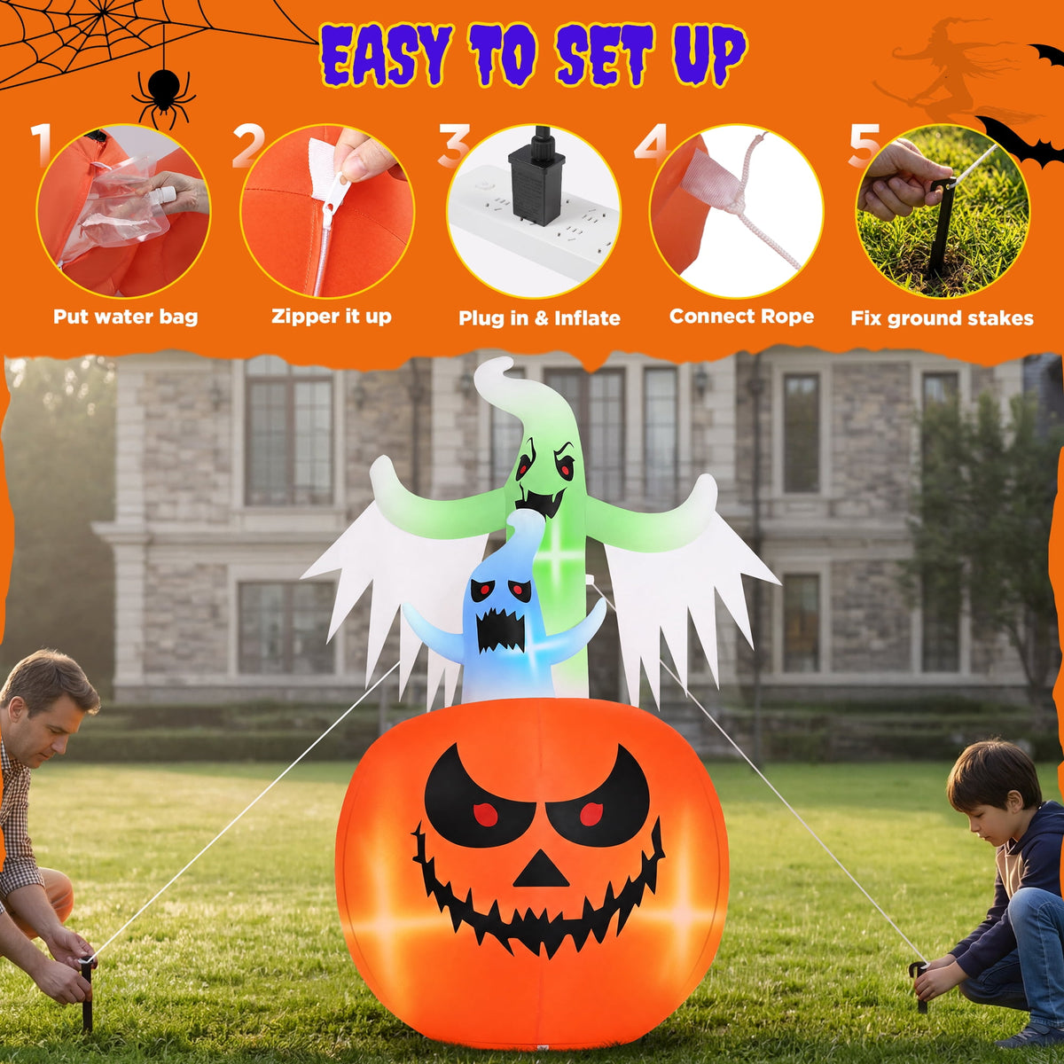 Firstness 6ft Tall Halloween Inflatable,Ghosts Pumpkin with Colorful Flashing Lights,Blow ups Halloween Outdoor Decorations