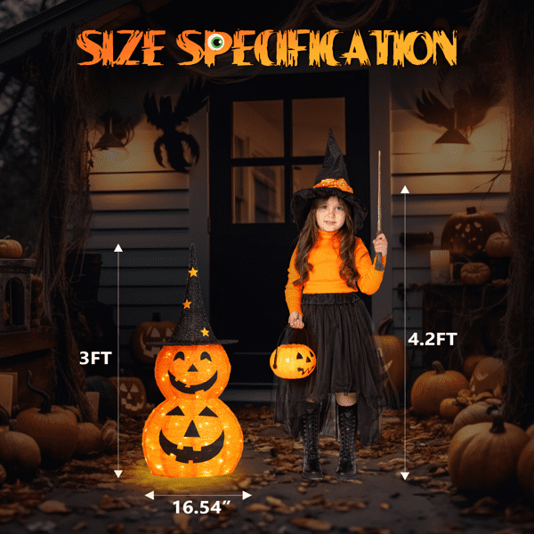 Alvantor 2-Pack 3 ft Lighted Pop-Up Pumpkin Halloween Decorations with Witch Hats and 150 LEDs Total, Orange and Black