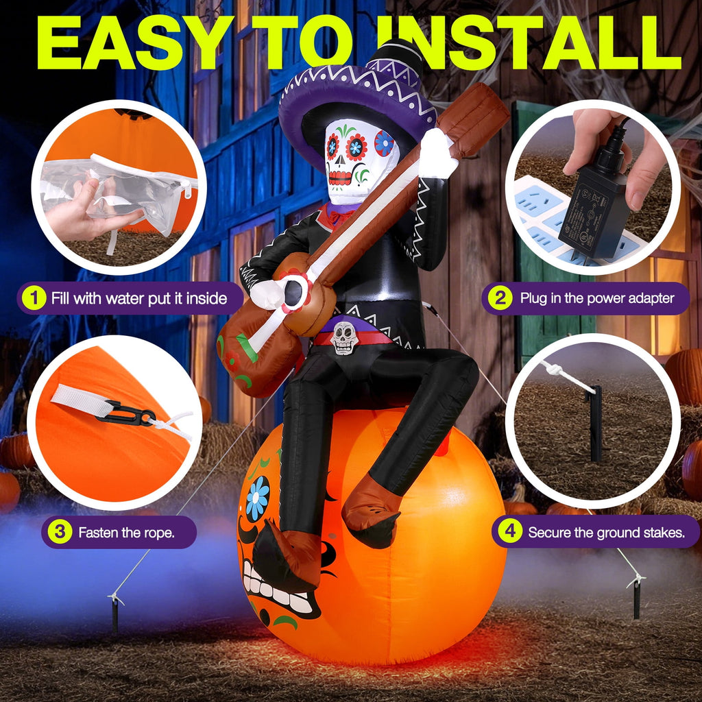 Ayieyill 6FT Halloween Inflatable Outdoor Decoration, Day of the Dead Skull with Guitar, Blow Up Yard Decor