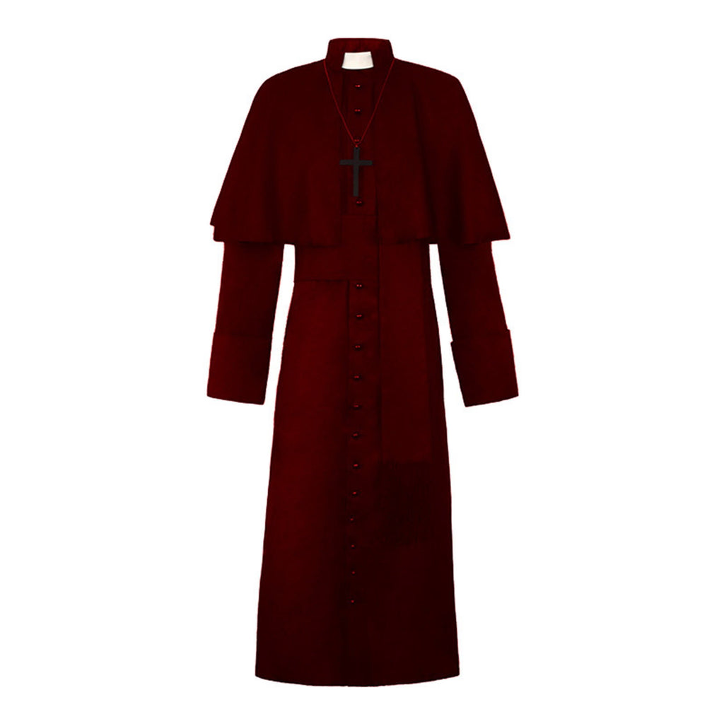 JOANKDMI Catholic Priest Costume for Men Clergy Cassock Robe with Capelet and Sash Halloween Party Outfit Religious Father Minister Fancy Dress for Men