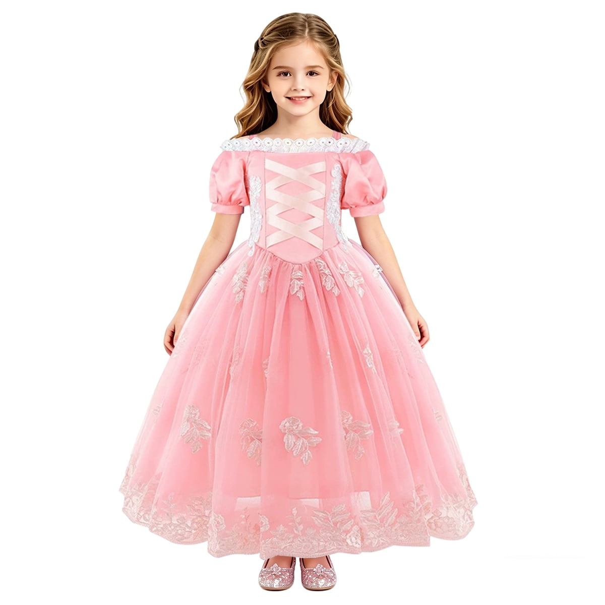 HAWEE Princess Dress for Girl Pink Cosplay Halloween Costume Puff Sleeve Layerd Dresses