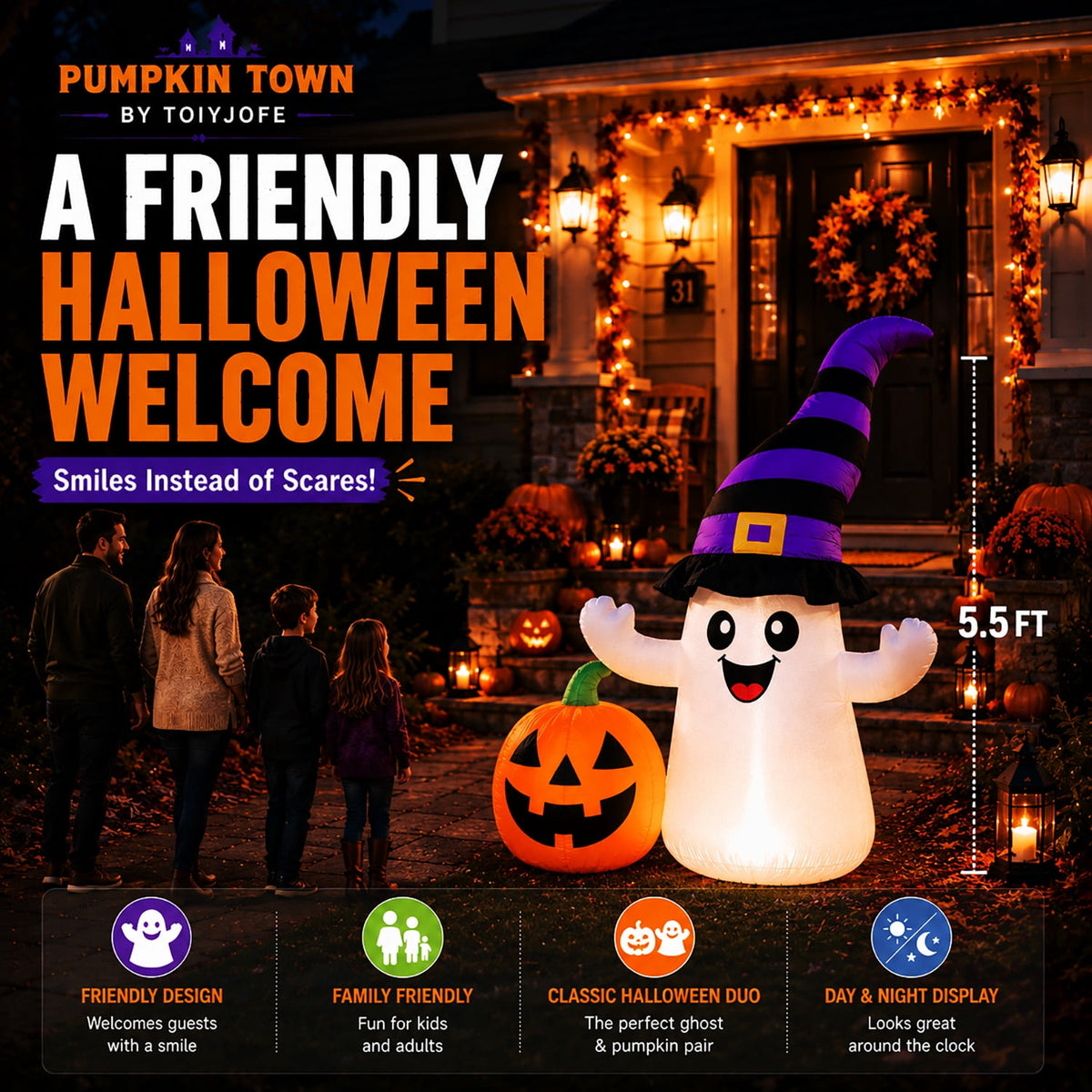 Toiyjofe 5.5 ft Halloween Inflatable Ghost with Pumpkin, LED Lighted Cute Halloween Yard Decoration for Porch, Lawn, Walkway & Party