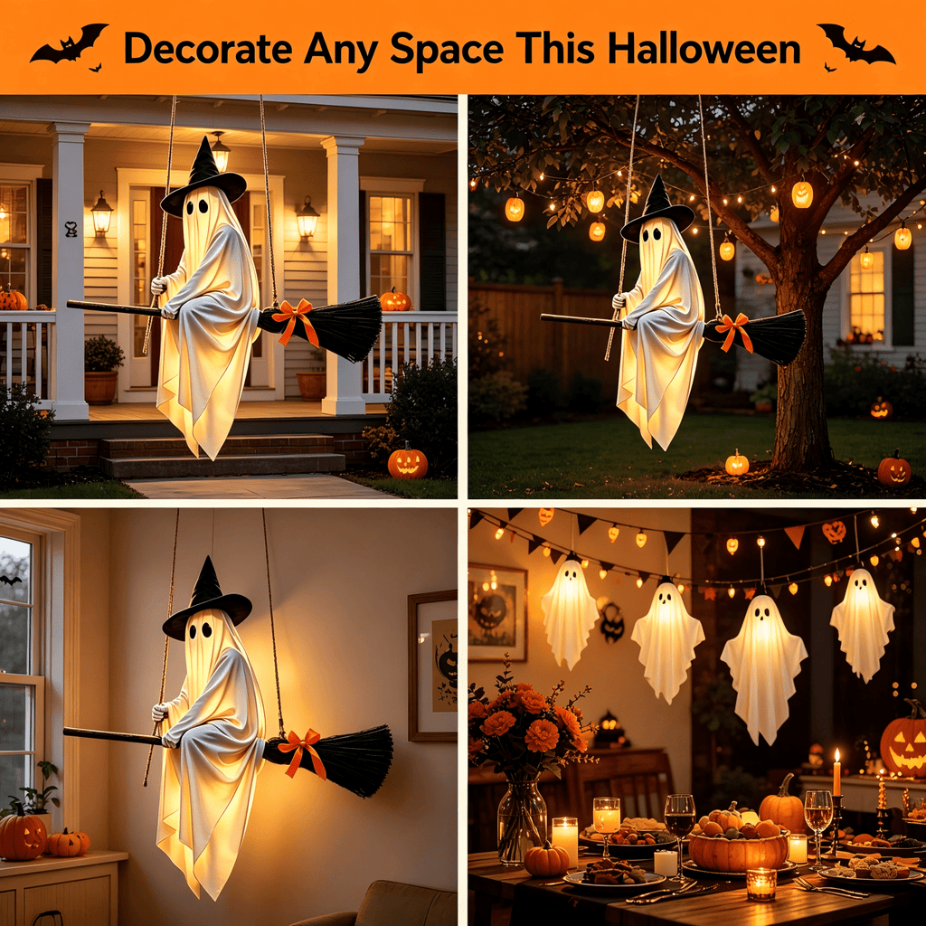 5 FT DIY Hanging Swing Ghost Halloween Decor, Light-Up Flying Ghost on Broomstick with Witch Hat, Spooky Cute Outdoor Halloween Decorations for Front Porch Yard Tree (Remote-controlled light-up )