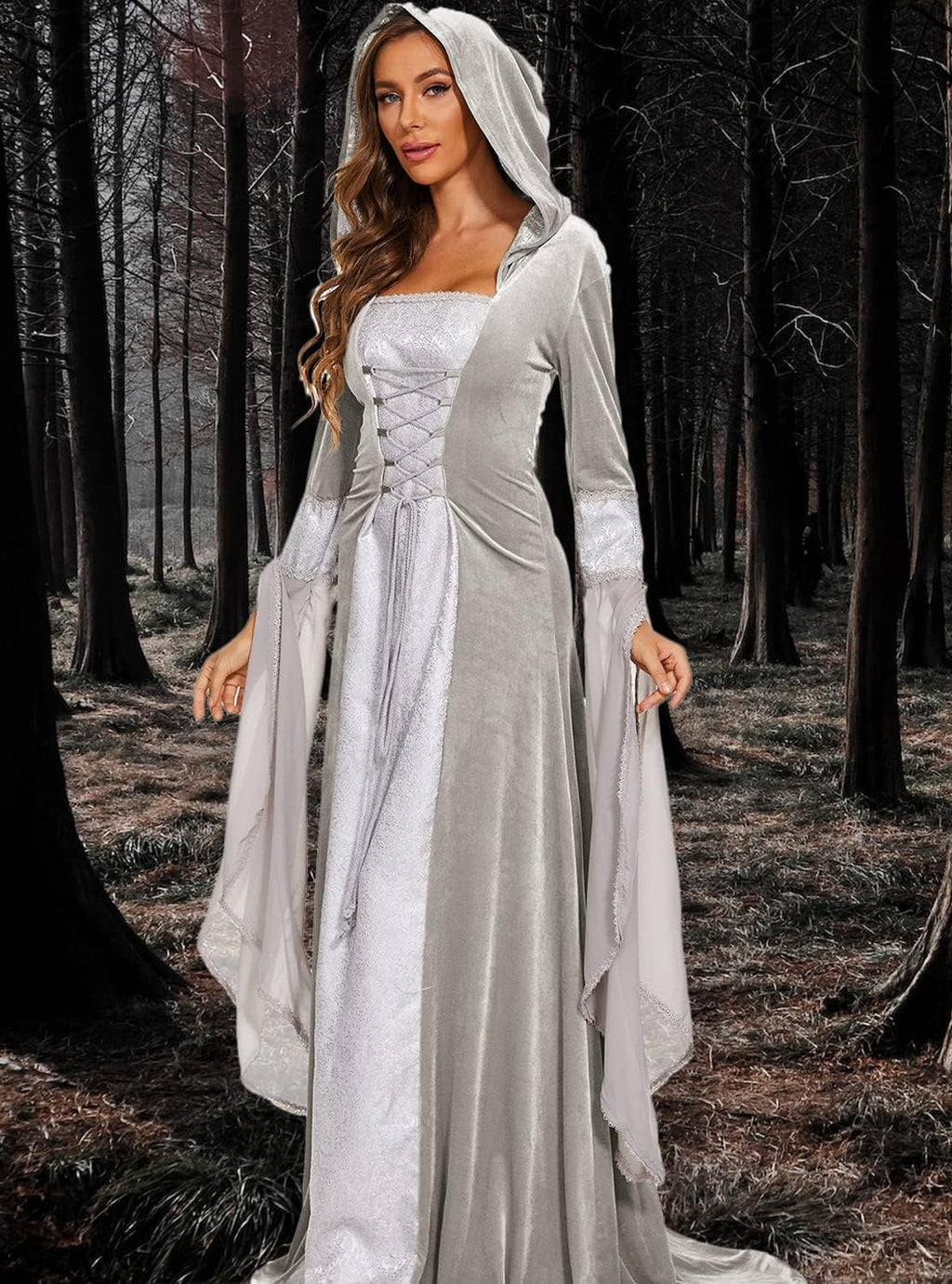 Halloween Witch Costume Women, Deluxe Witch Dress Costume, Vintage Embroidered Renaissance Gothic Hooded Vampire Gown Dress Cosplay Costumes Red S