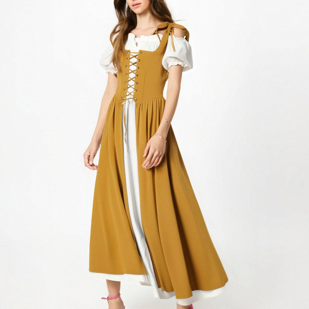 QATAINLAV Renaissance Costume Women Vintage Medieval Dress Cold Shoulder Short Sleeve Peasant Pirate Irish Maxi Dresses, Black, L