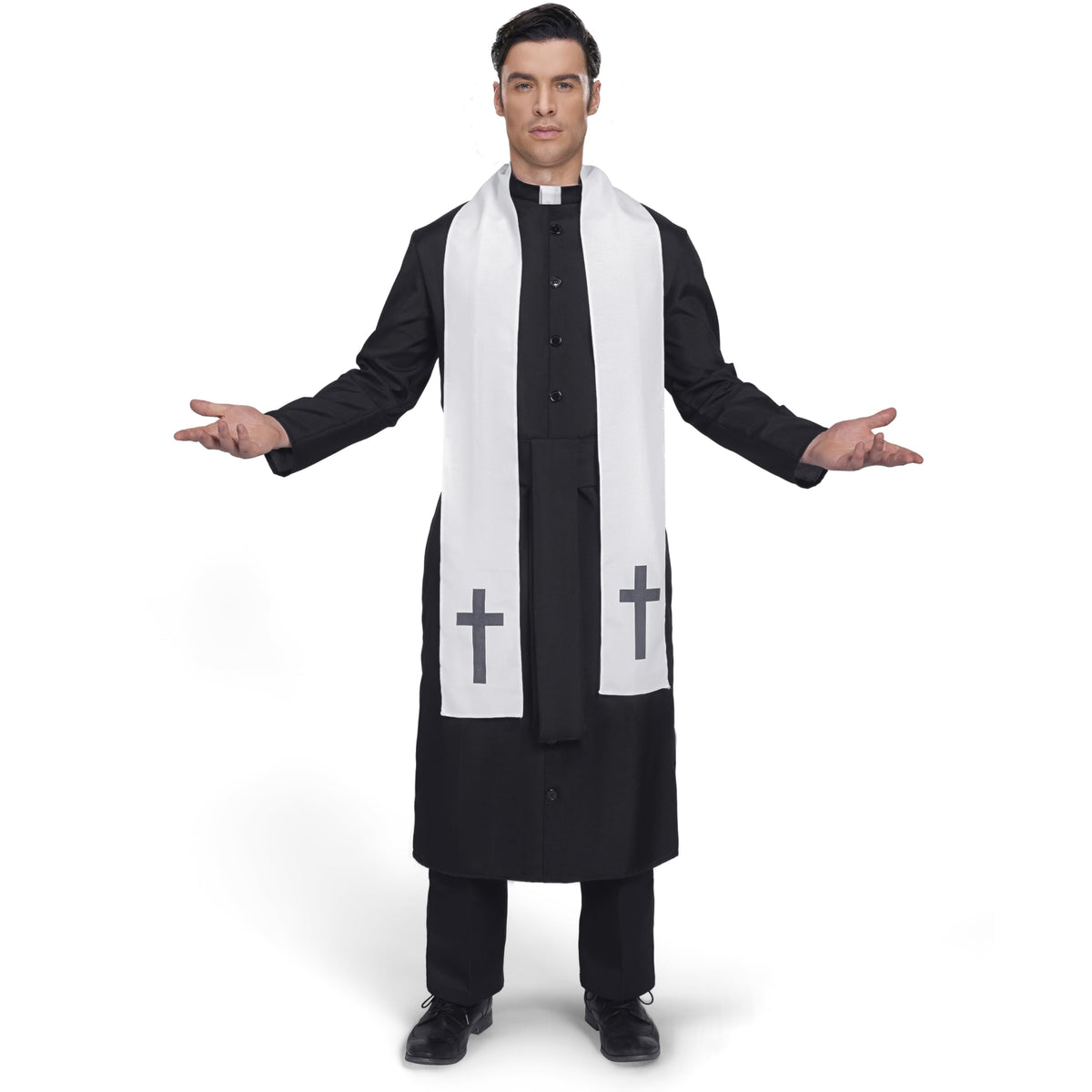 Joyfy Men's Priest Costume Black Priest Father Robe Stole for Halloween Party Dress up Cosplay