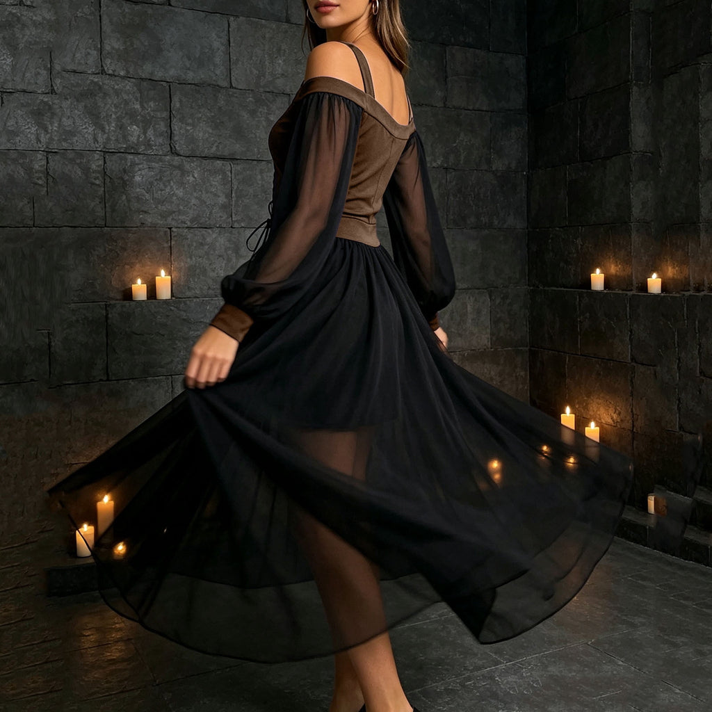 JOANKDMI Women's Gothic Midi Dress Elegant Vampire Costume Cold Shoulder Sheer Long Sleeve Lace-up Corset for Roleplay Halloween Party Outfit Chic, S-3XL