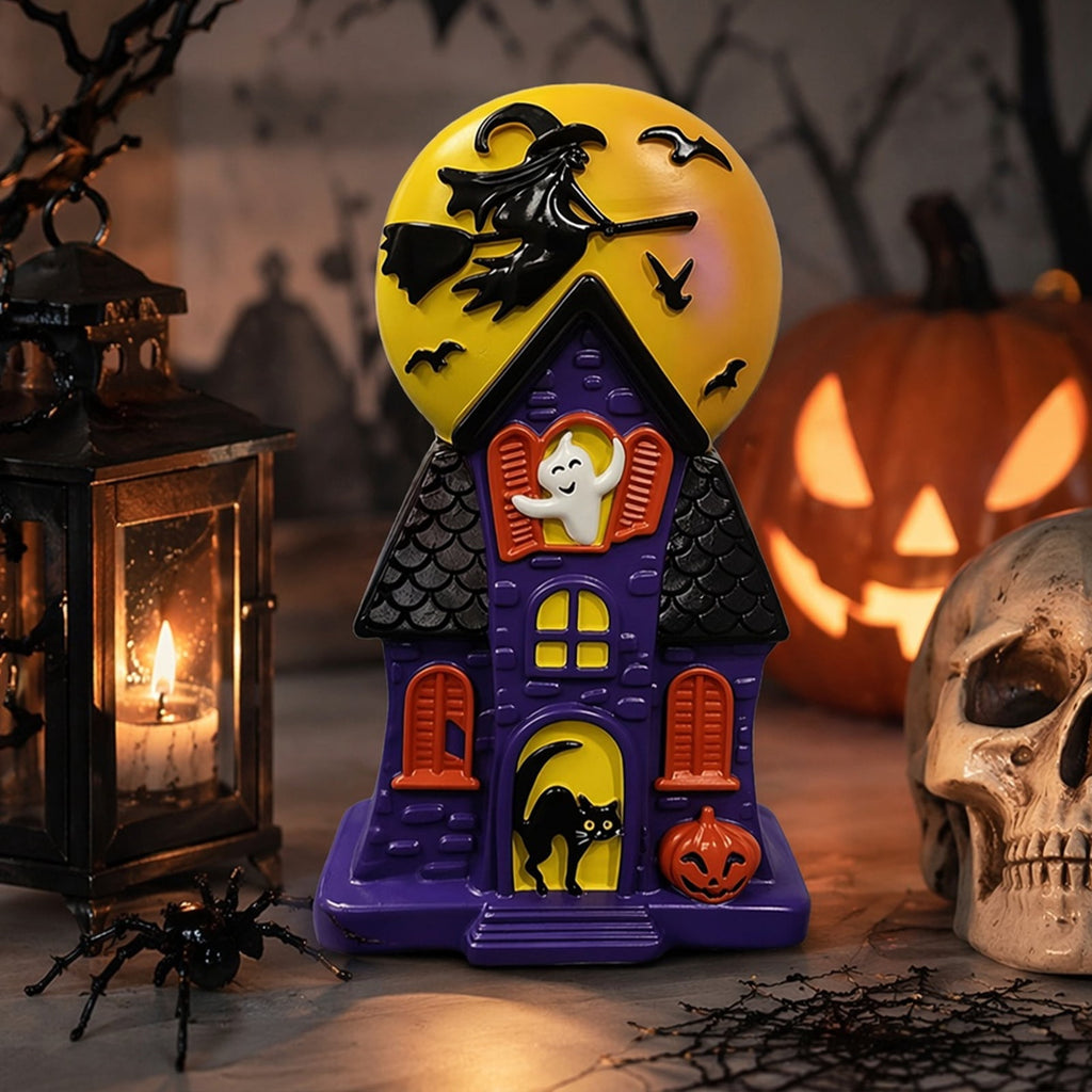 HAHUT Halloween House Blow Mold Light, Resin Pre-Lit Spooky Mansion with Glowing Witch Moon, Ghost & Black Cat for Halloween Party Tabletop Decor (Purple)