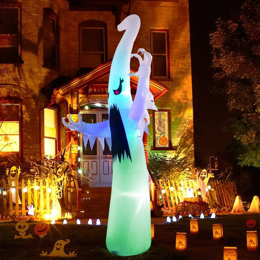 GOOSH 12 FT Height Halloween Inflatable Outdoor Colorful Dimming Ghost, Blow Up Yard Decoration Clearance with LED Lights Built-in for Holiday/Party/Yard/Garden