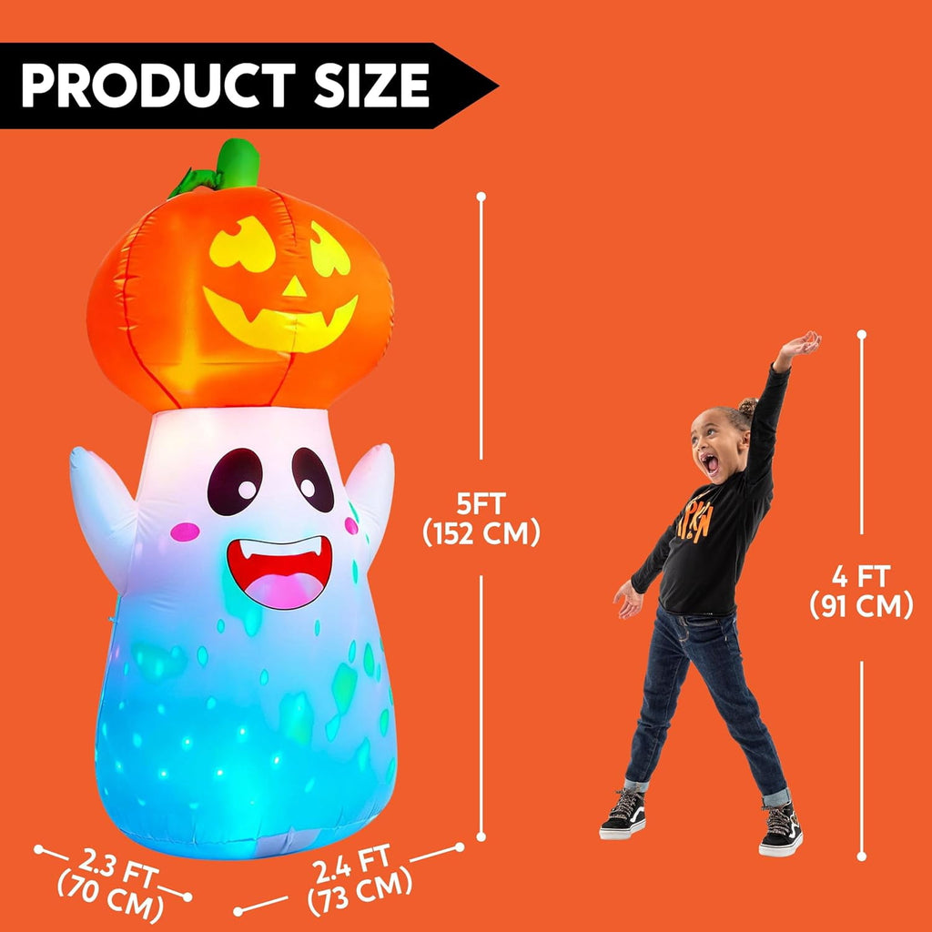 Joyfy 5Ft Halloween Inflatable Pumpkin Ghost with Colorful LED Lights,Halloween Blow Up Cute Decor for Indoor Outdoor Holiday Yard Decoration