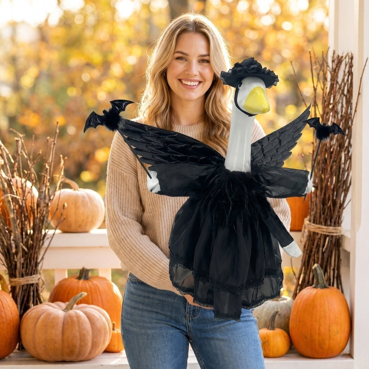 Bat Witch Hat Spiderweb Halloween Goose Clothes Fit 17/23In Cement Plastic Lawn Goose, Stylish Full Set for Outdoor Yard Patio Garden Seasonal Halloween Home Ornamental Arrangement