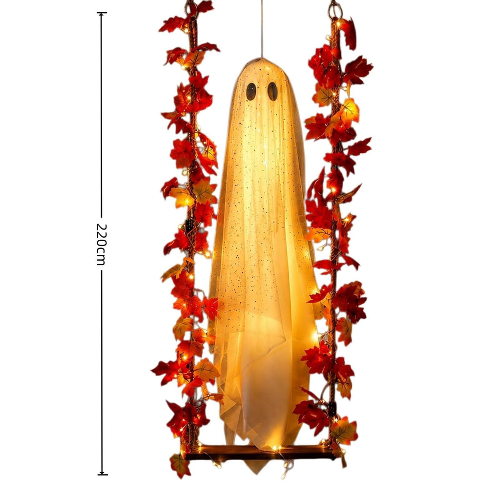 Clearance 5 FT Hanging Ghost Decor,Early Halloween Decorations Light-Up Flying Ghost on Broomstick with Witch Hat, Witch Broom, Spooky Cute Outdoor Halloween Decorations for Front Porch Yard Tree