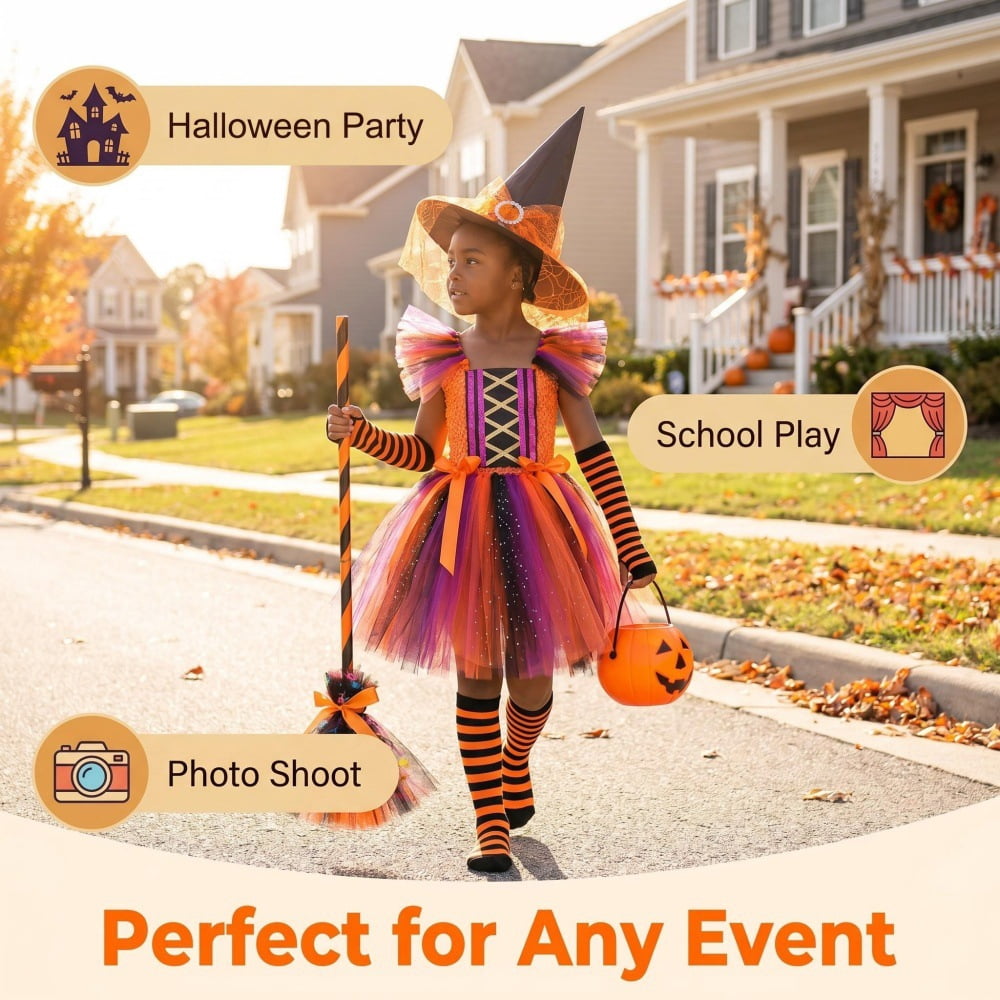 Halloween Cute Purple Witch Costume Set for Toddler Girls, Bat Outfit Dress with Witch Hat & Magic Broom