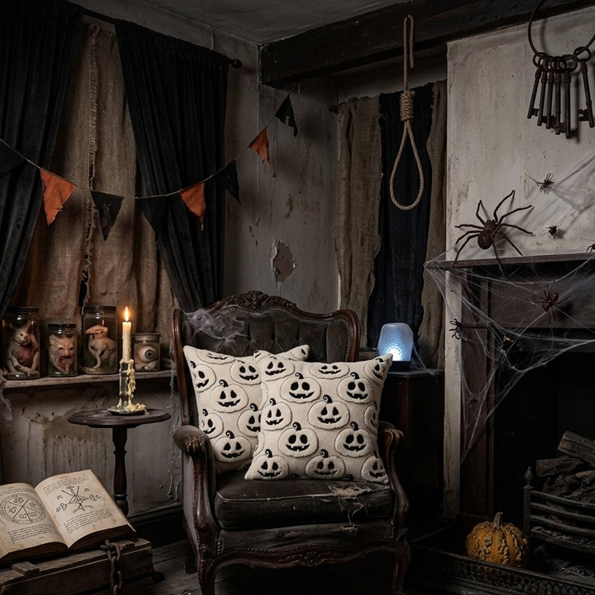 Halloween Ghost Reading Book Throw Pillow Cover, Spooky Library Bookshelf Skull Candlestick Decorative Pillowcase, Retro Halloween Cushion Cover