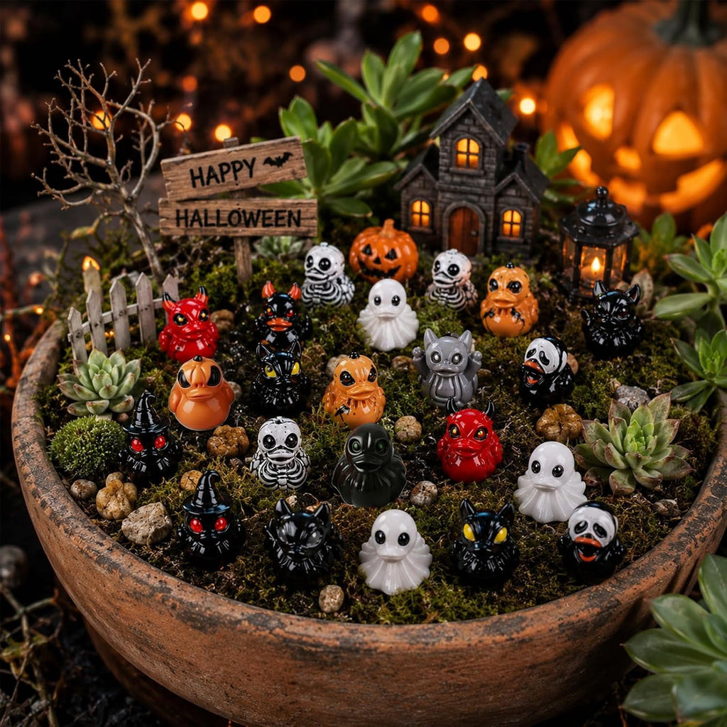 60Pcs Halloween Mini Resin Ducks Figurines, Novelty Halloween Party Décor | Cute Ghost Devil Skeleton Pumpkin Witch Designs, Gothic Halloween Desktop Decor for Tiered Tray, DIY Crafts, Party Favors