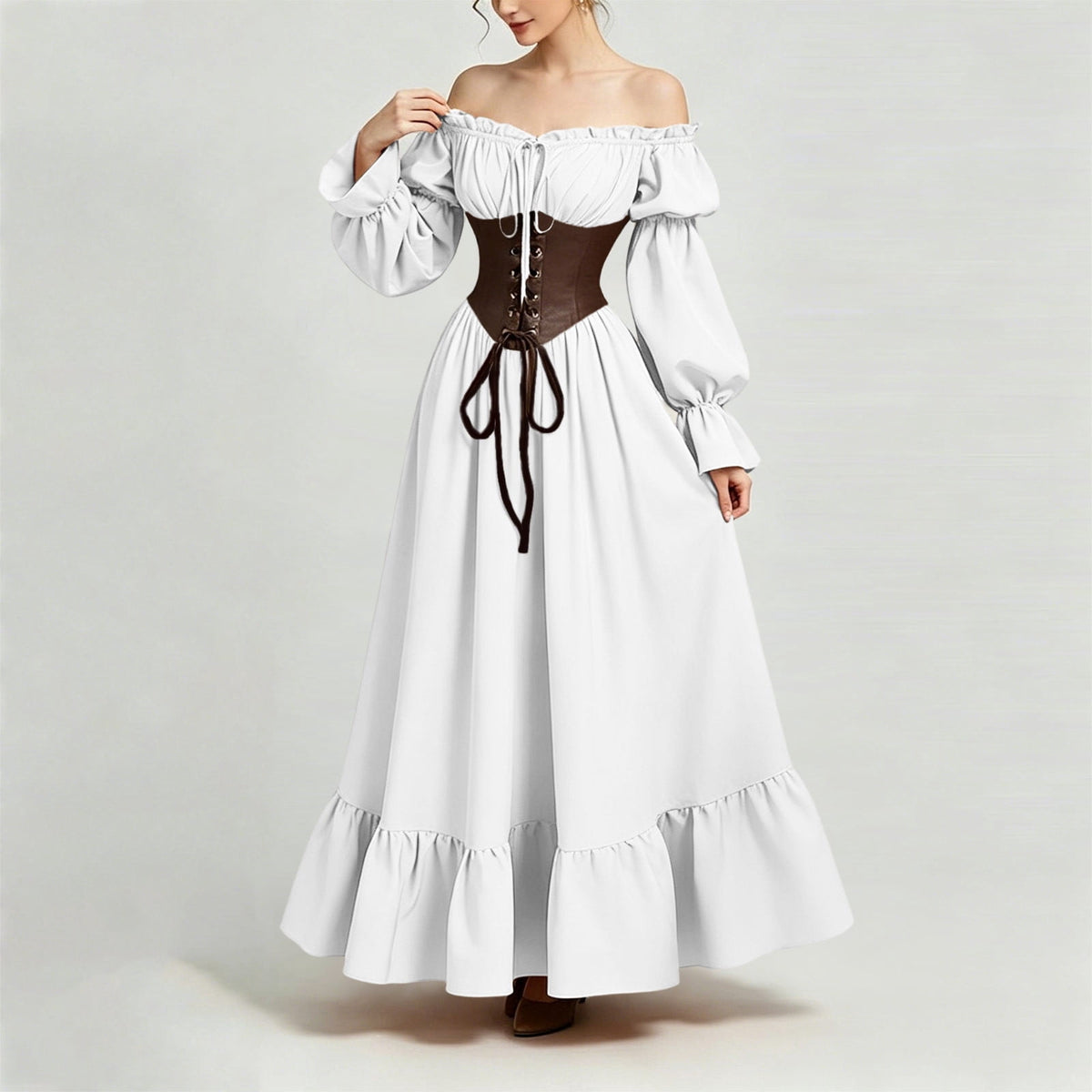 QATAINLAV Renaissance Costume Women Vintage Medieval Dress Cold Shoulder Short Sleeve Peasant Pirate Irish Maxi Dresses, Black, L