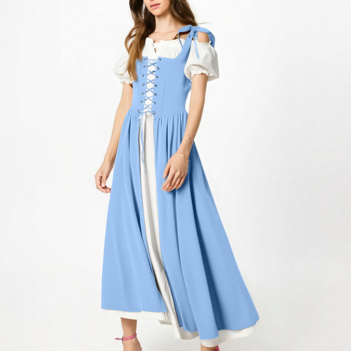 QATAINLAV Renaissance Costume Women Vintage Medieval Dress Cold Shoulder Short Sleeve Peasant Pirate Irish Maxi Dresses, Black, L