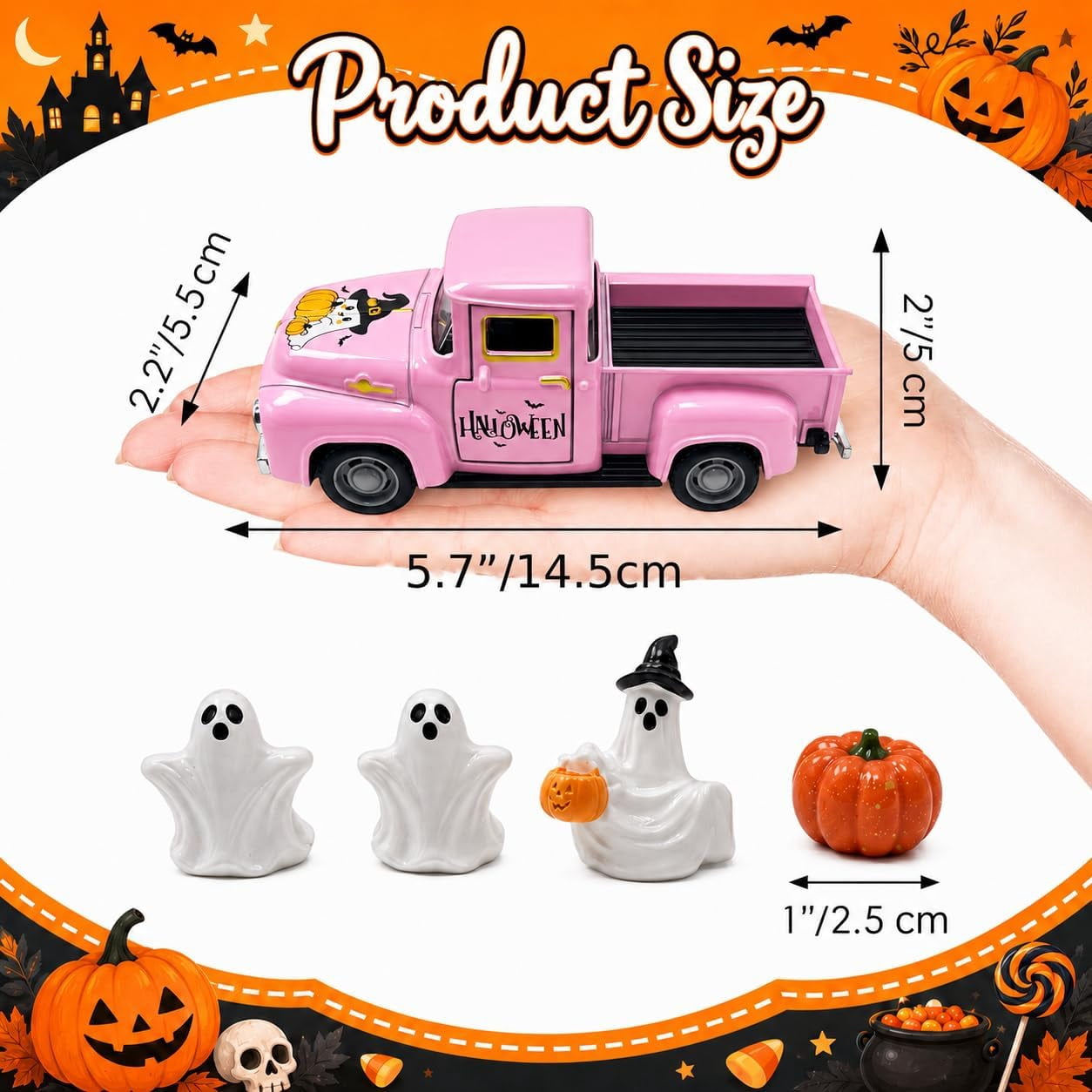 Molumo Halloween Truck Decor - Vintage Pink Pickup Truck with Ghost and Pumpkin Figurines for Halloween Home Tiered Tray Holiday Party Decoration
