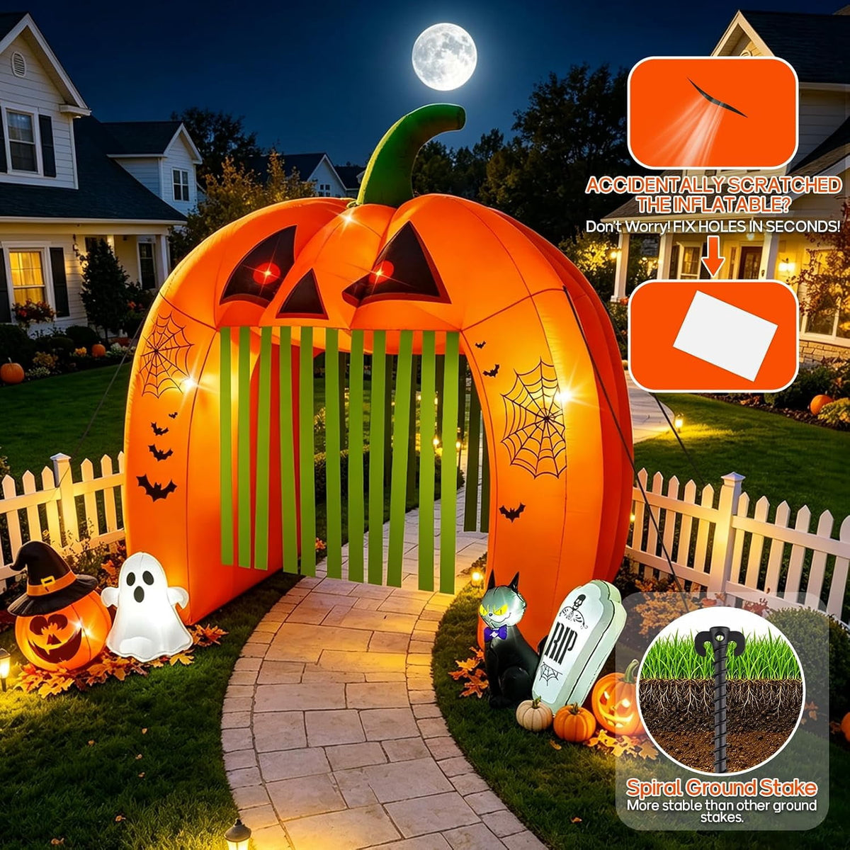 Kalolary 12FT Halloween Inflatable Pumpkin Tunnel Archway, Walk-Through Haunted House with Ghost, Cat & Tombstone for Outdoor Yard Decoration