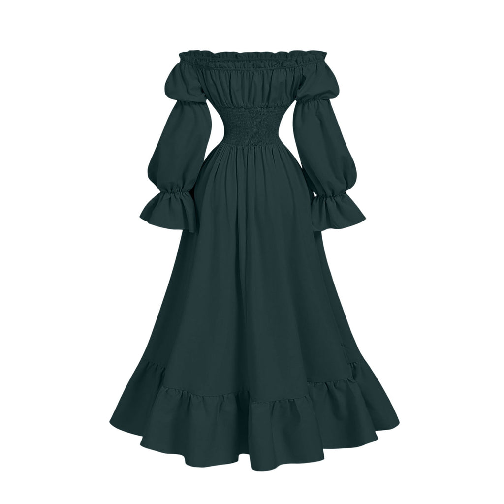 QATAINLAV Renaissance Costume Women Vintage Medieval Dress Cold Shoulder Short Sleeve Peasant Pirate Irish Maxi Dresses, Black, L