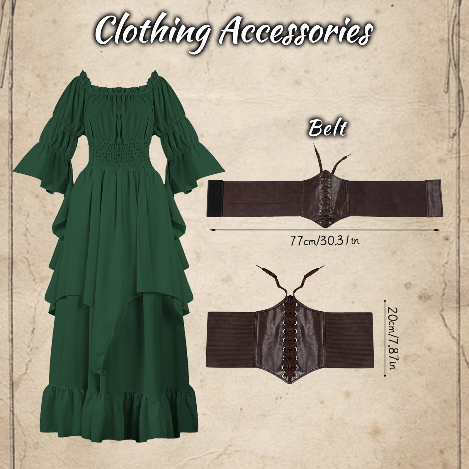 IROOZIGOTO Womens White Medieval Renaissance Maxi Dress Off Shoulder Long Flare Sleeve with Brown Lace Up Corset Belt Halloween Cosplay Costume