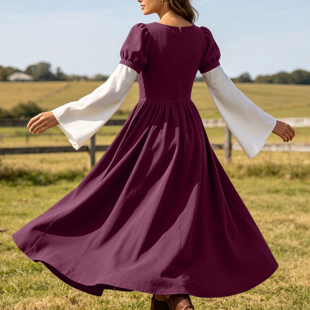 Hurxie Renaissance Costume Women Peasant Medieval Dress Maxi Fairy Dresses with Bell Sleeve Vintage Ren Faire Outfit