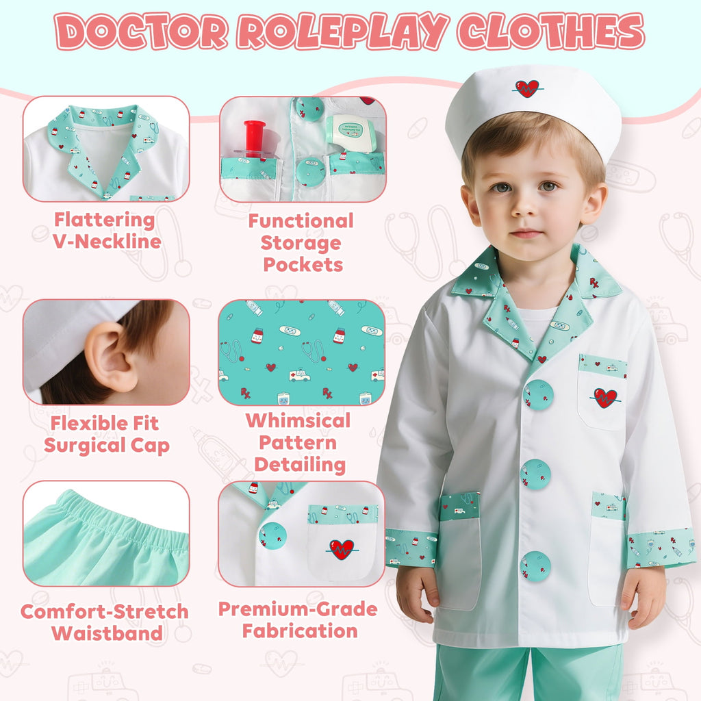 Doctor Costume for Kids Doctor Coat, Doctor Dress Up and Play Set 8 PCS with Real Stethoscope, Lab Coat Career Day Costume Kit for Toddlers Girls 3-12 - Pink