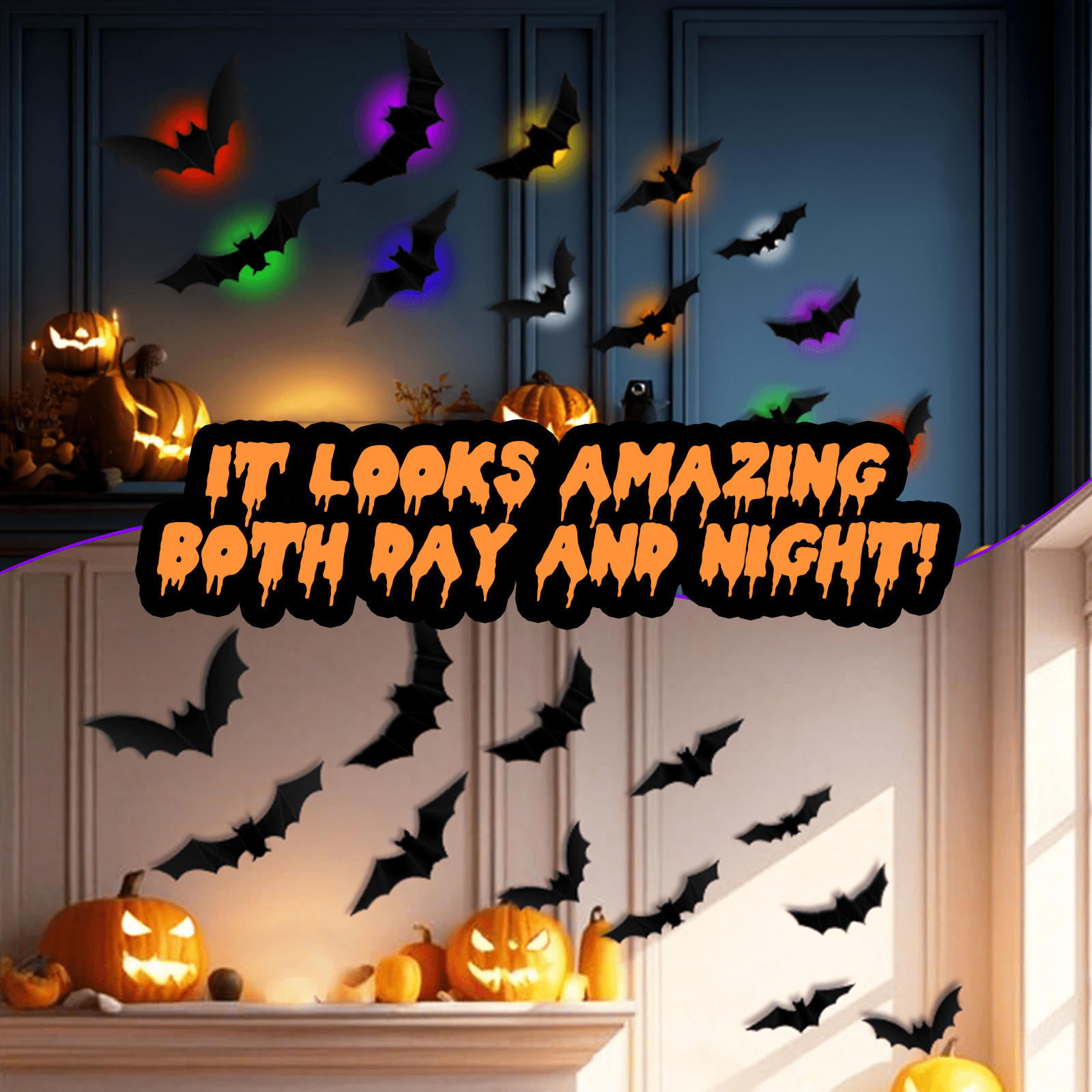 PChero 48Pcs Halloween Bats Wall Decor with 12 Color Changing Lights, 3D Light up Bats with Remote Timer, 10 Different Size PET LED Bat Wall Stickers for Bedroom Window Spooky Decor Home Decals