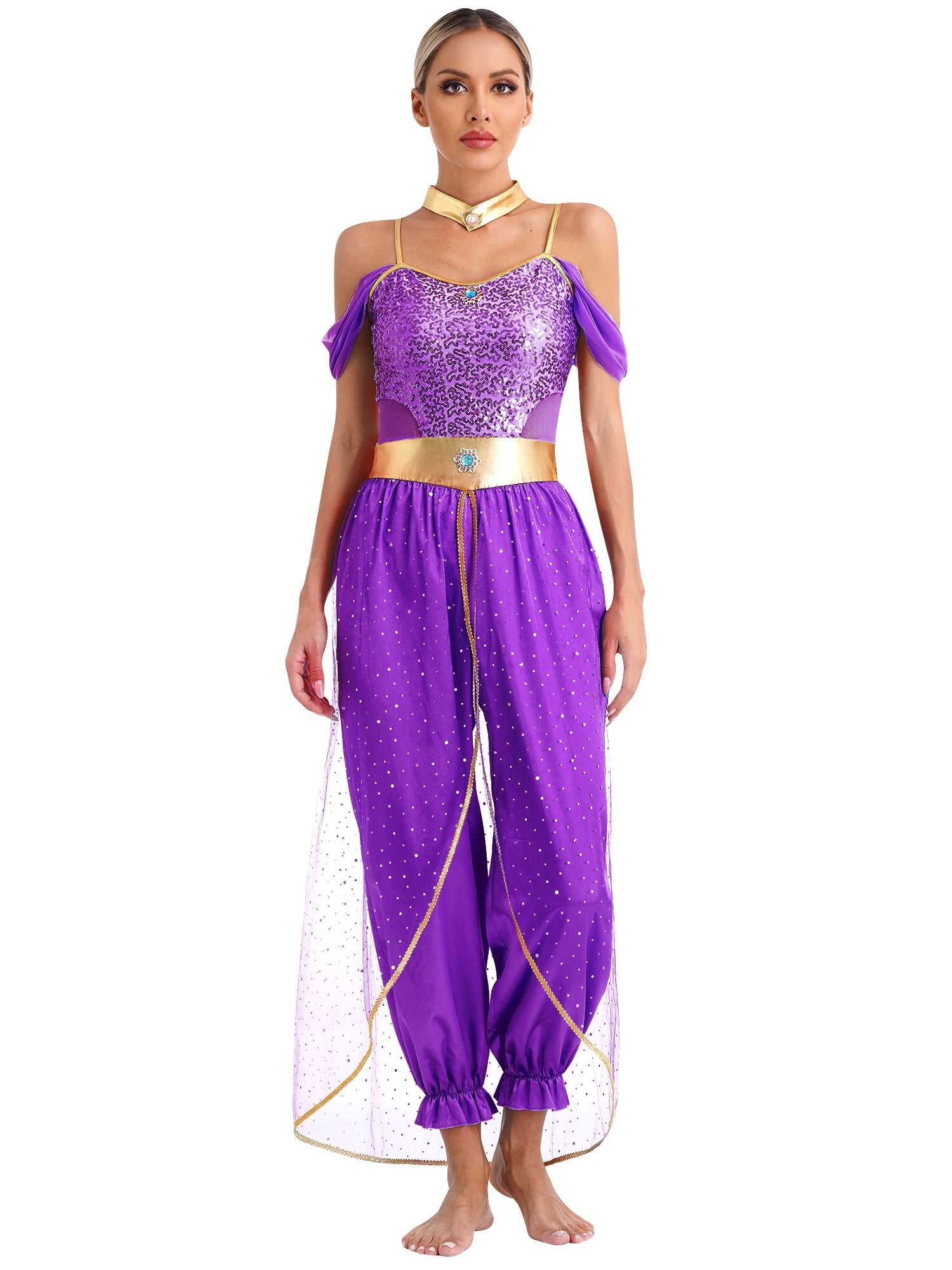 YiZYiF Women's Arabian Princess Dance Costume Halloween Party Fancy Dress Shiny Belly Dance Jumpsuit Turquoise B M