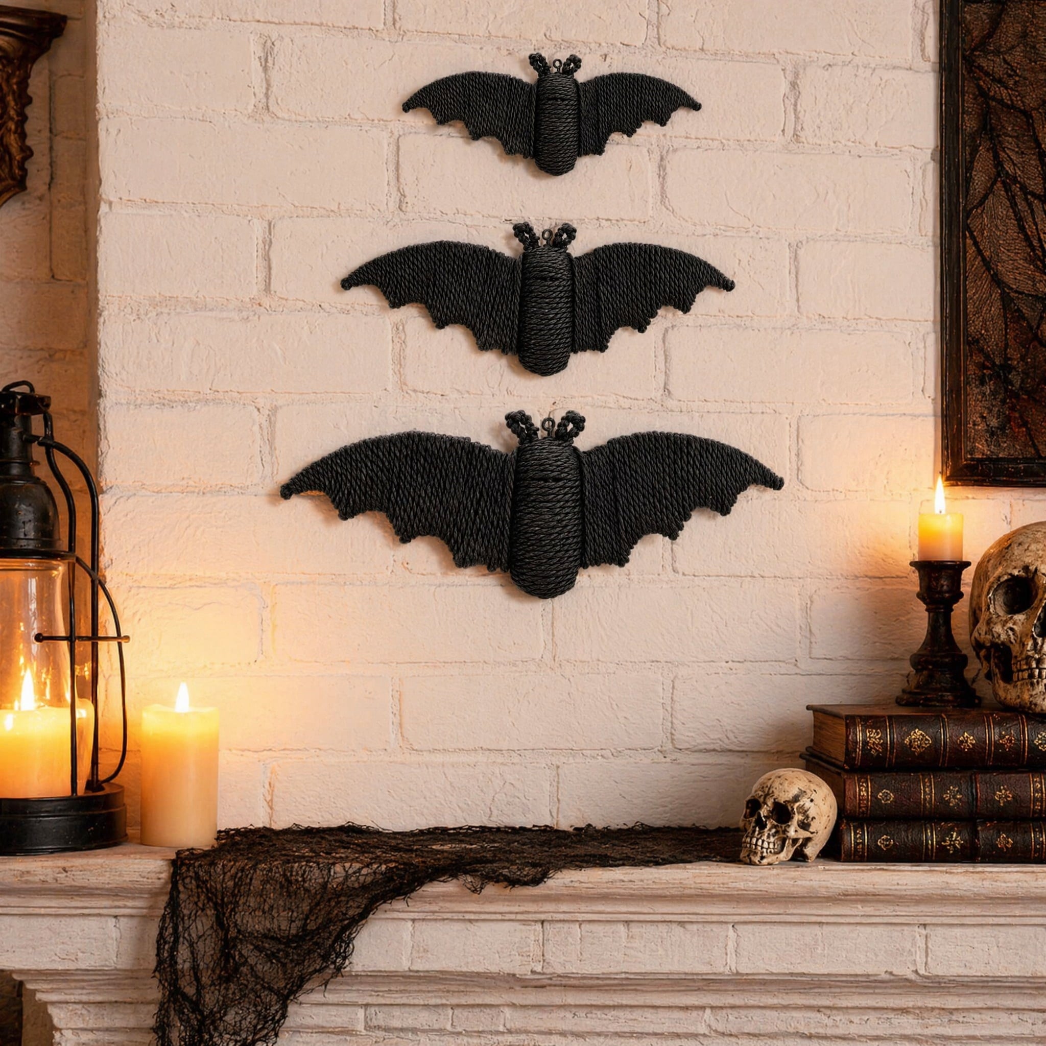 GoLucid Halloween Woven Bat Wall Decoration 3 Pack, Handcraft Rattan Bat Hanging Ornament Set 6.3" 7.48" 9.06", Indoor Outdoor Decor