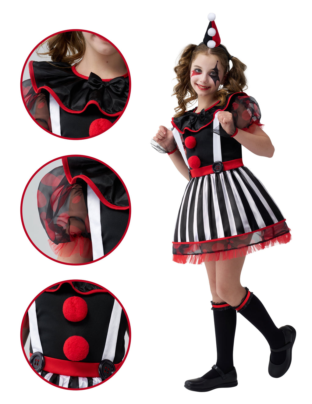 Joyfy Girls Clown Costume, Halloween Evil Clown Costume, Black and Red Jester Dress for Girls Halloween Party Dress Up Cosplay