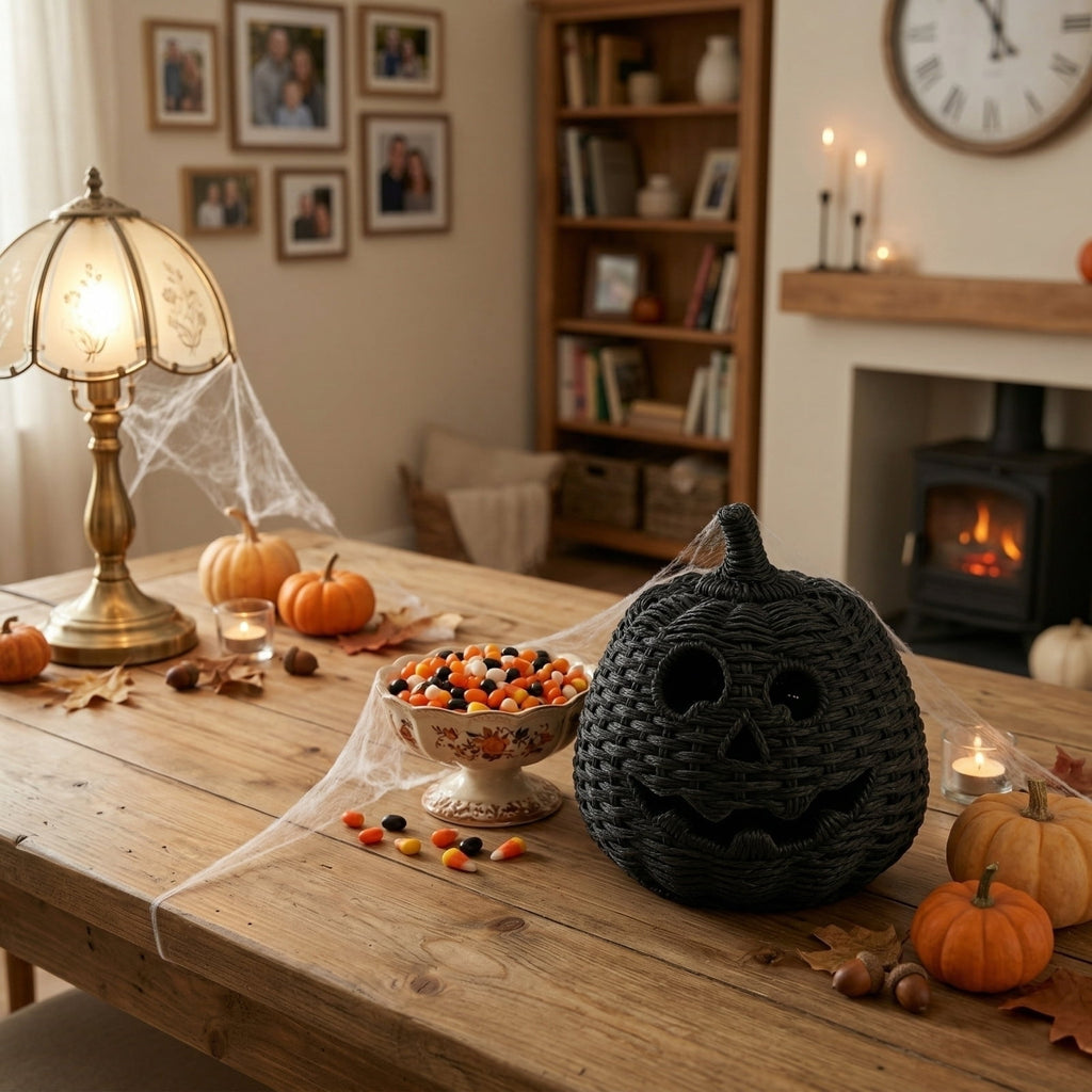2026 Halloween Black Woven Seagrass Pumpkin Storage Basket with Lid, Fall Indoor Home Decorations for Halloween Party Home Halloween Decor, 10.2 inch