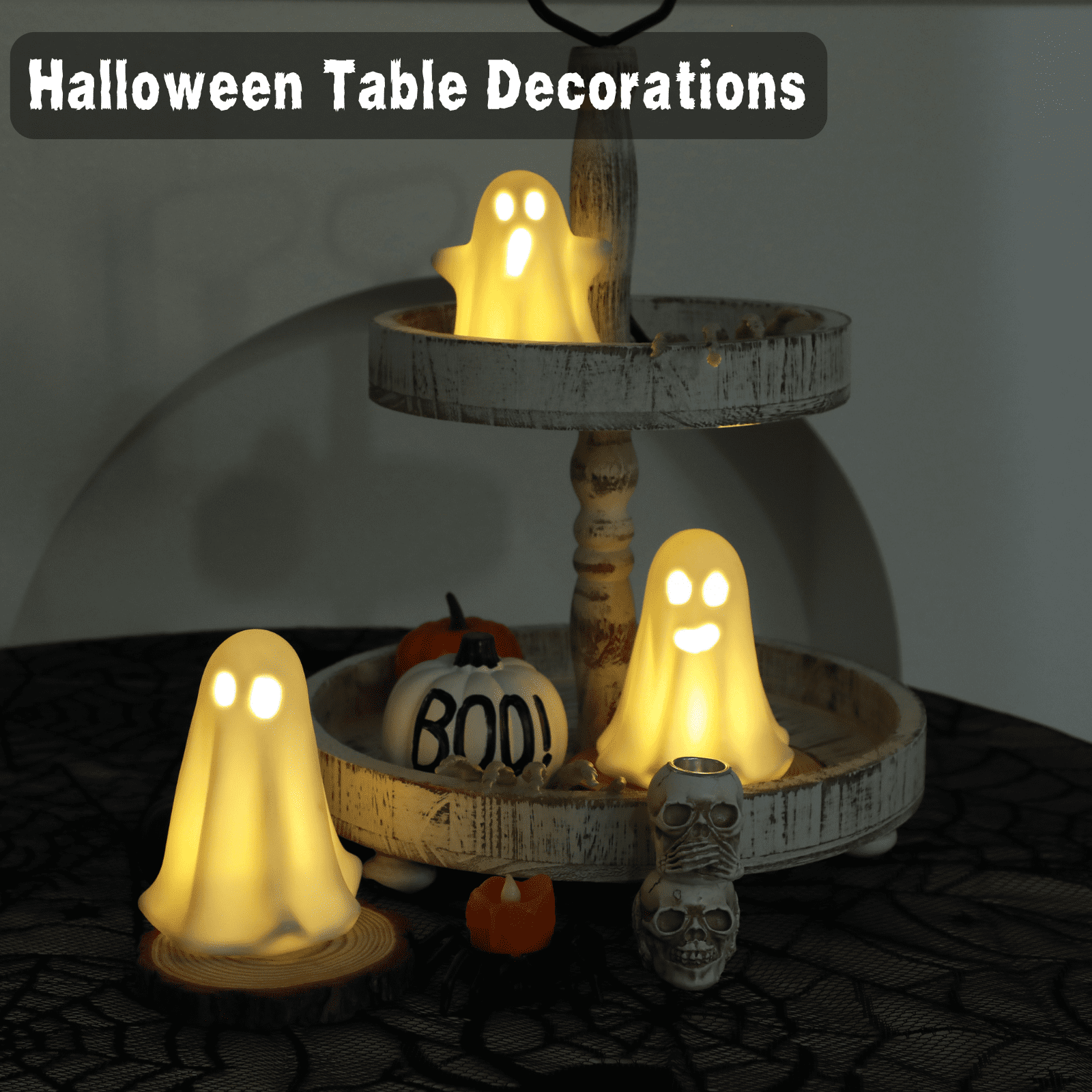 3 Pack Halloween Ceramic Ghost Decor, Cute Halloween Ghost with LED Lights, Small Ghost Spooky Figurines for Halloween Tabletop Centerpieces Fireplace Indoor Decoration