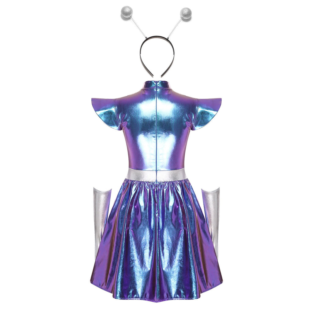 Aislor Womens Outer Space Alien Dress with Gloves Headband Halloween Space Cadet Rave Outfit Blue 3XL