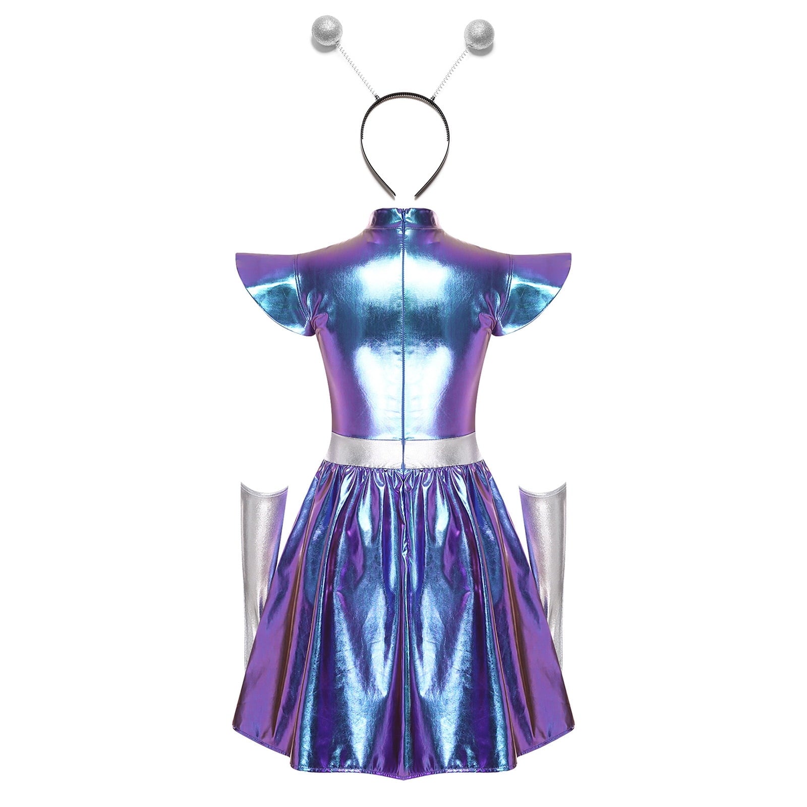 Aislor Womens Outer Space Alien Dress with Gloves Headband Halloween Space Cadet Rave Outfit Blue 3XL