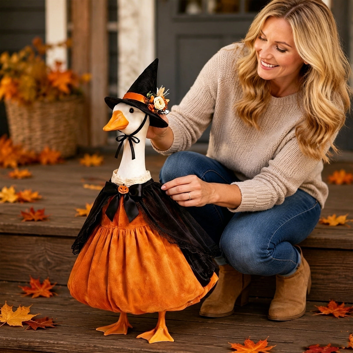 Bat Witch Hat Spiderweb Halloween Goose Clothes Fit 17/23In Cement Plastic Lawn Goose, Stylish Full Set for Outdoor Yard Patio Garden Seasonal Halloween Home Ornamental Arrangement