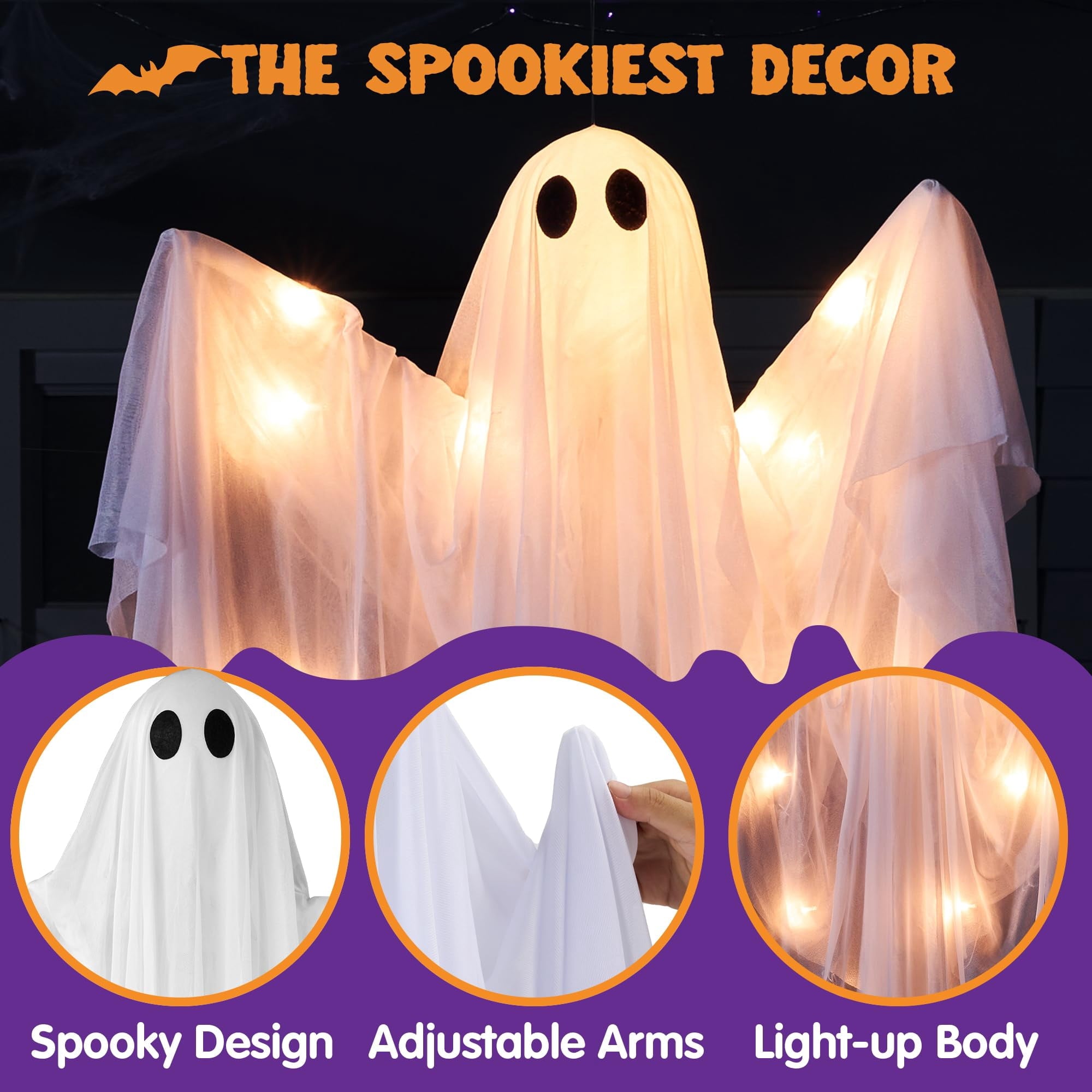 Ayieyill Halloween Ghost Decor with Warm White LED Light, 47” Light up Hanging Ghost Halloween Yard Porch Decorations Outdoor