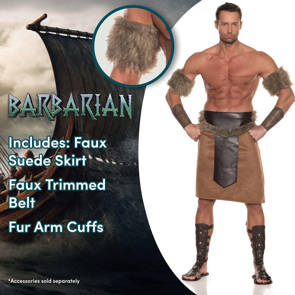 UNDERWRAPS Mens Halloween Barbarian Costume - Faux Suede Skirt Fur Trimmed Belt Fur Arm Cuffs, Renaissance Costume, Cosplay Medieval Outfit