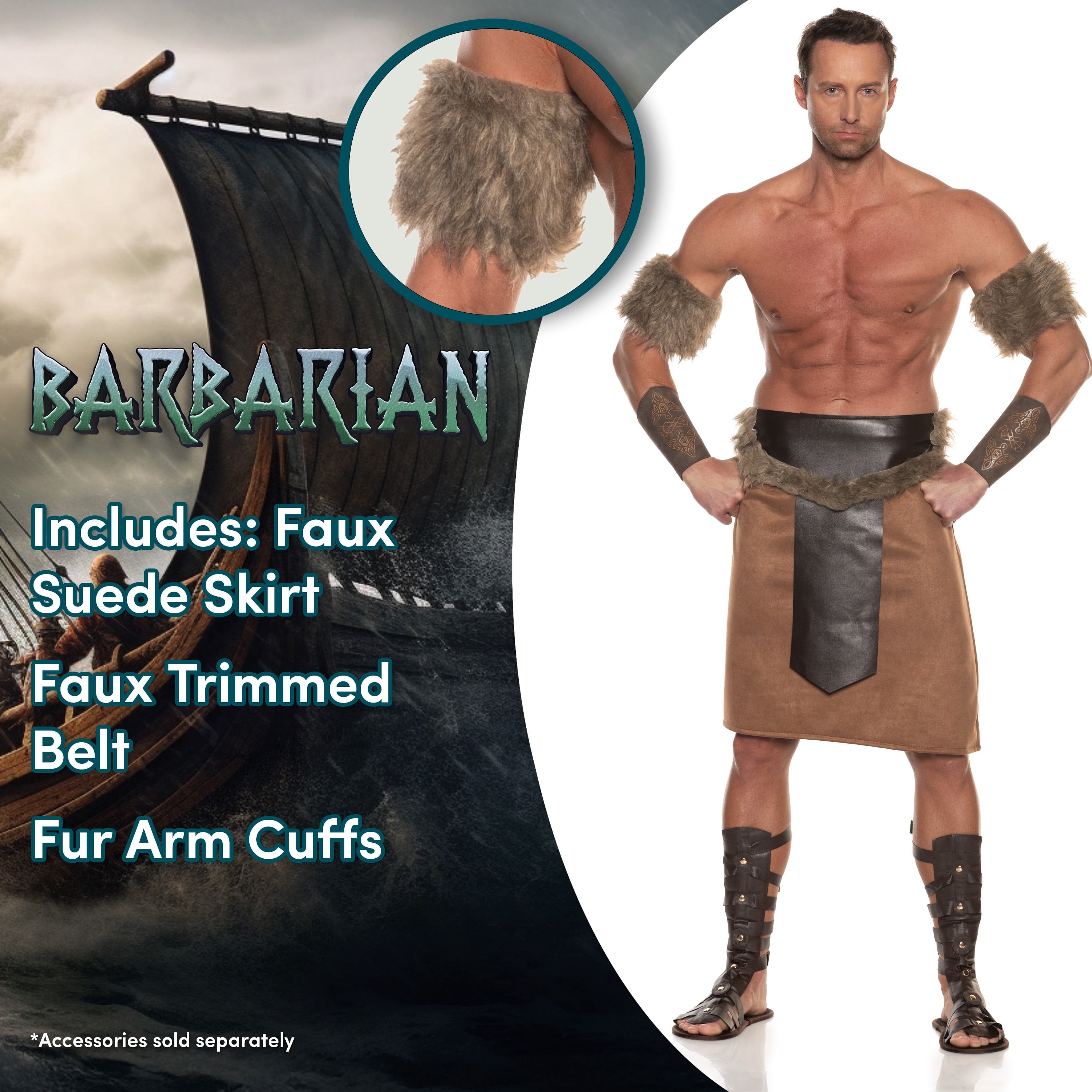 UNDERWRAPS Mens Halloween Barbarian Costume - Faux Suede Skirt Fur Trimmed Belt Fur Arm Cuffs, Renaissance Costume, Cosplay Medieval Outfit