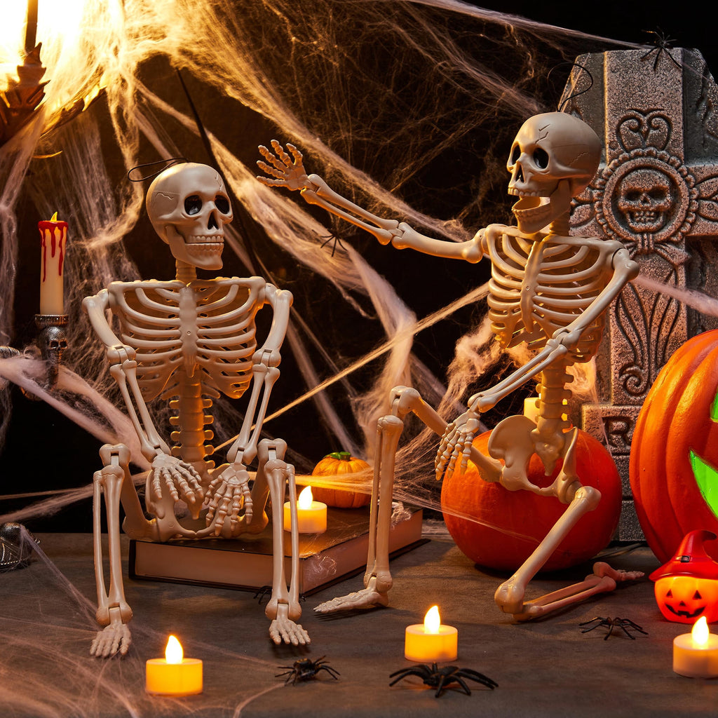 Joyfy 24 Inch Halloween Skeleton Decor with LED Light Eyes,Posable Skeleton Halloween Prop Full Body with Movable Joints for Haunted House Indoor Outdoor Decoration Spooky Decor