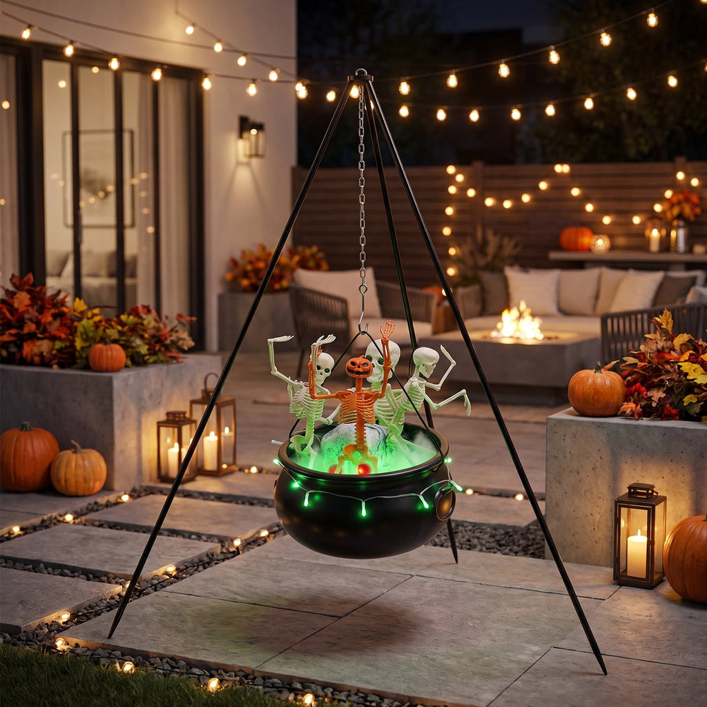 Halloween Decorations Bundle - 78cm/30.7" Witches Cauldron on 54" Tripod with Green LED Lights, 3pcs 40cm Skeleton, 60cm Skeleton, Skull Ornament, 4 Hooks - Indoor Outdoor Yard Porch Party Supplies