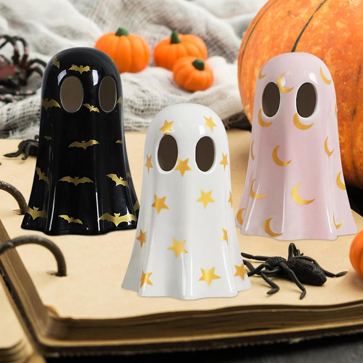3Pcs Ceramic Ghost Figurines with Witch Hats Halloween Table Decor Set for Mantel Shelf Centerpiece Gift