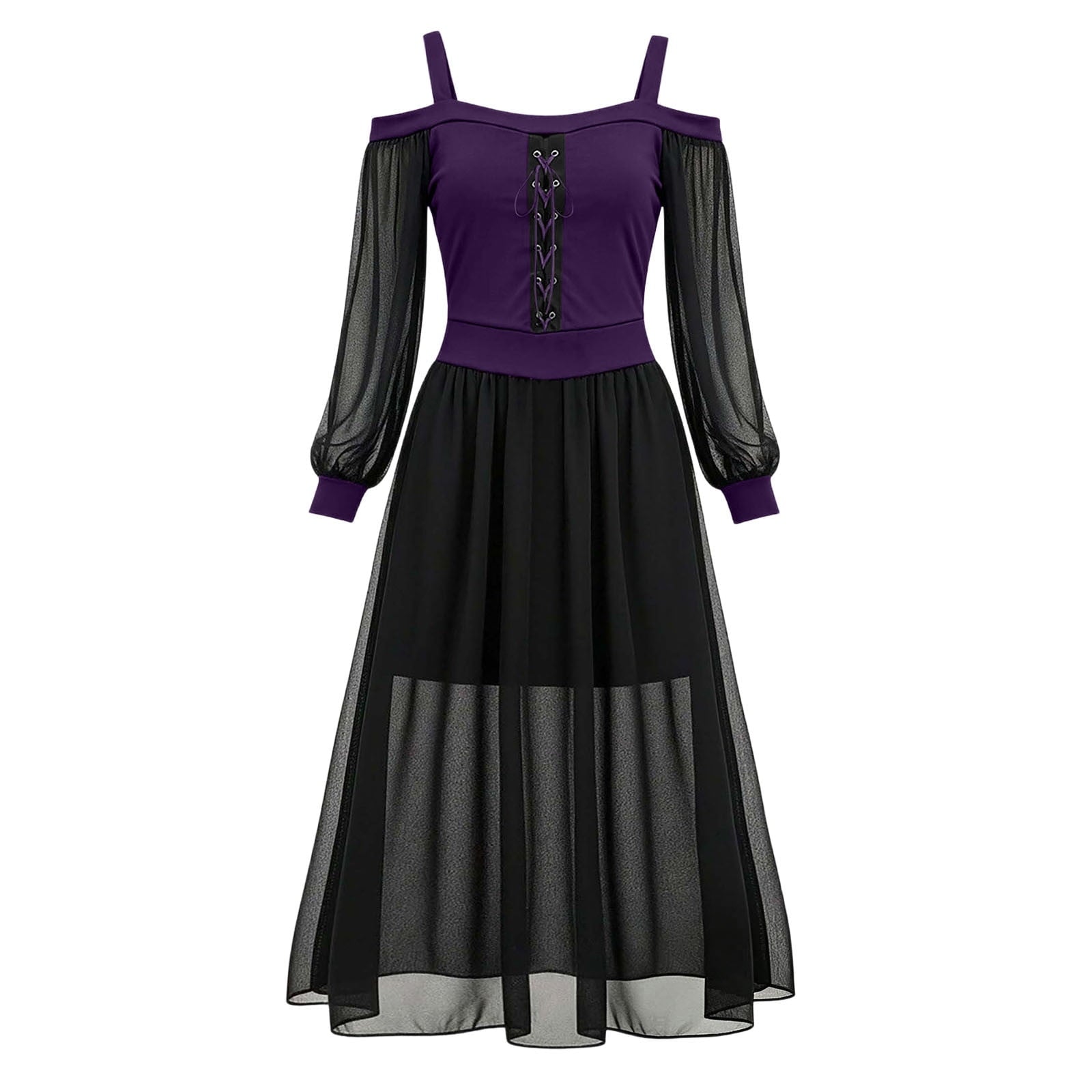 JOANKDMI Women's Gothic Midi Dress Elegant Vampire Costume Cold Shoulder Sheer Long Sleeve Lace-up Corset for Roleplay Halloween Party Outfit Chic, S-3XL