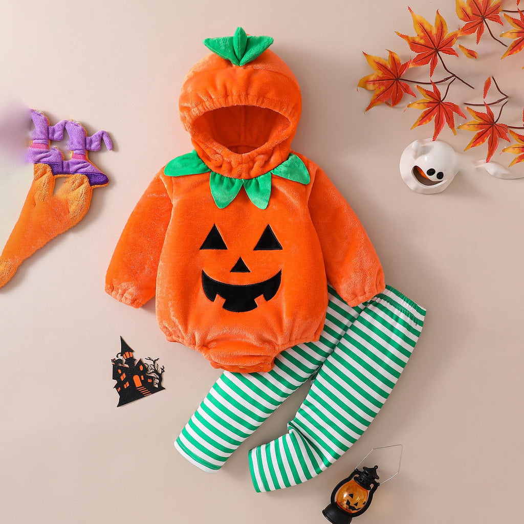 CUZIBR Girls Halloween Outfits Pumpkin Hooded Romper Striped Long Pants 2 Pieces Holiday Costume Set For Newborn Toddler Baby,Red,1-3 Months