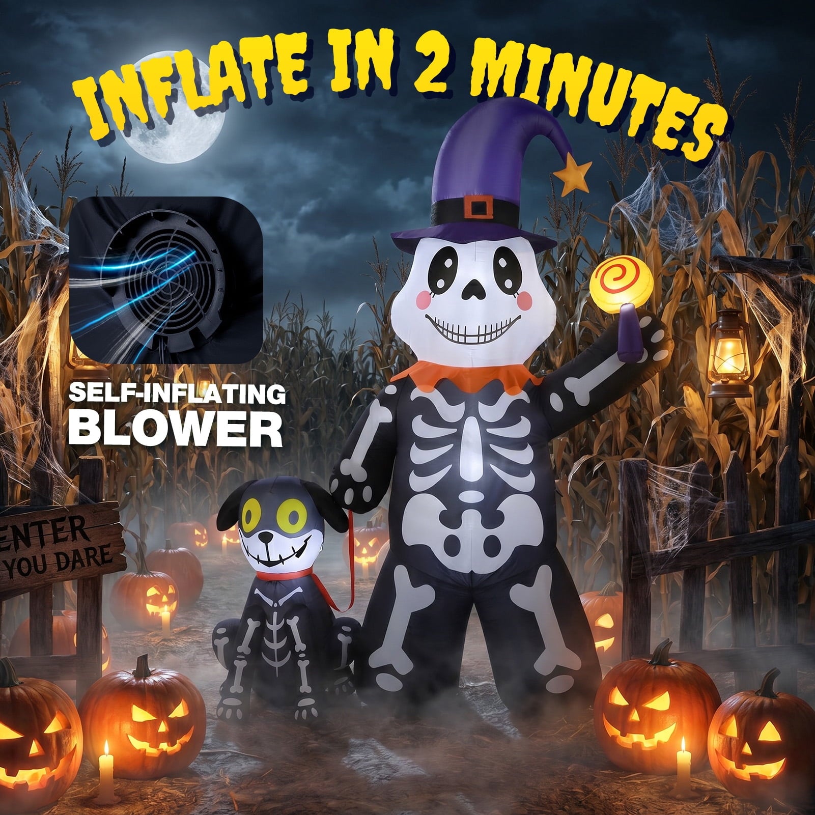 Ayieyill 3.6FT Halloween Inflatable Outdoor Decorations - Trunk or Treat Car Decorations - Halloween Blow Ups Animated Skeleton Dinosaur with LEDs for Halloween Outdoor Yard Decorations