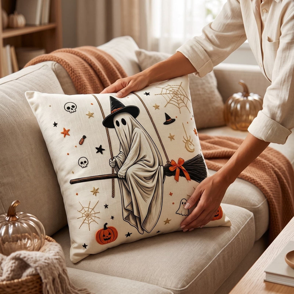 Halloween Ghost Reading Book Throw Pillow Cover, Spooky Library Bookshelf Skull Candlestick Decorative Pillowcase, Retro Halloween Cushion Cover
