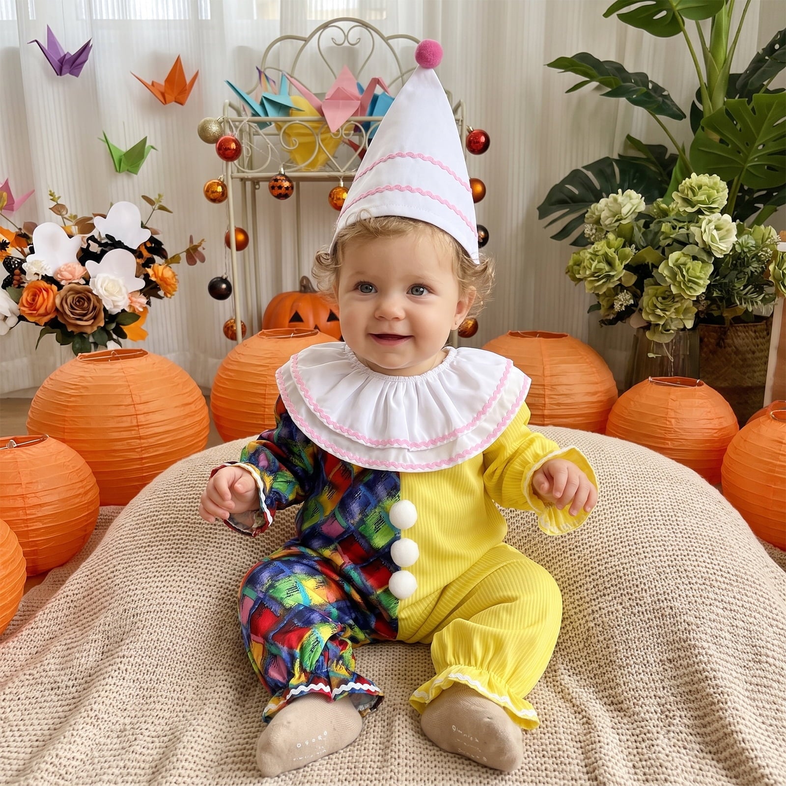 RUINIXCW Kids Toddler Baby Girl Boy Halloween Outfit Clown Costume Infant Baby Girl Boy Romper Birthday Photoshoot Outfit Contrast Color Long Sleeve Jumpsuit Hat