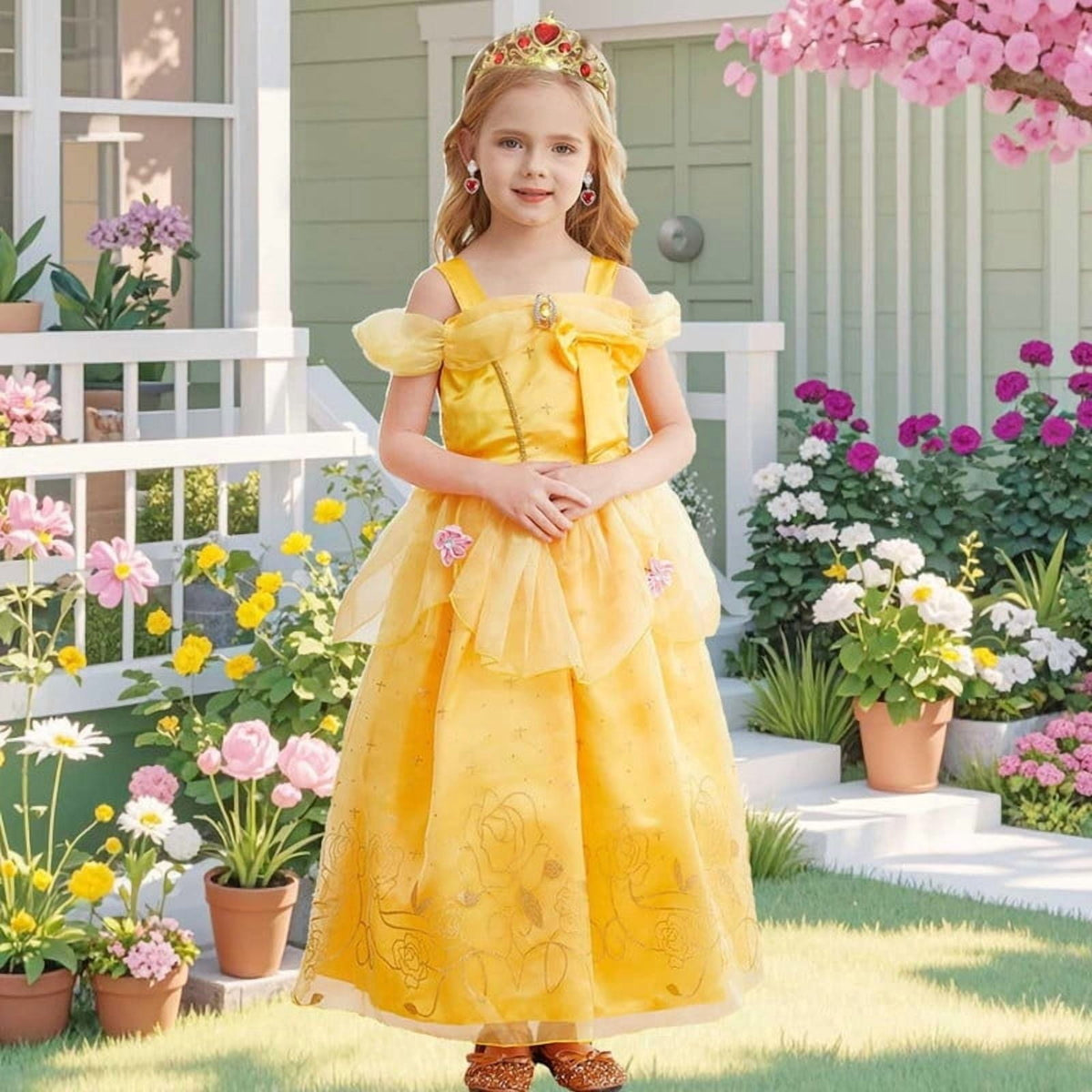 Jurebecia Princess Dress for Girls Costume Kids Off Shoulder Layered Toddler Halloween Cosplay Birthday Party Outfit up Yellow 120 cm 5-6 Years